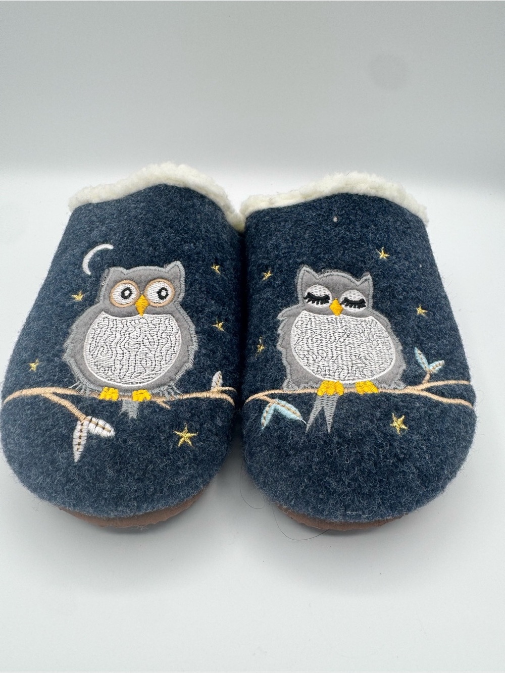 Lands’ End Owl Faux Fur Lined Clog Slippers Women’s 10 Gray Cozy House Shoes